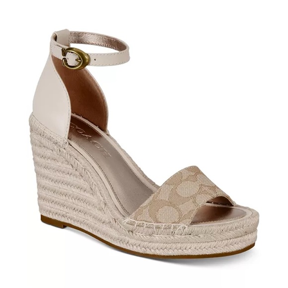 Coach Women’s Kit Wedge Espadrille Leather Ankle Strap Signature in Cream 7B - Picture 1 of 16